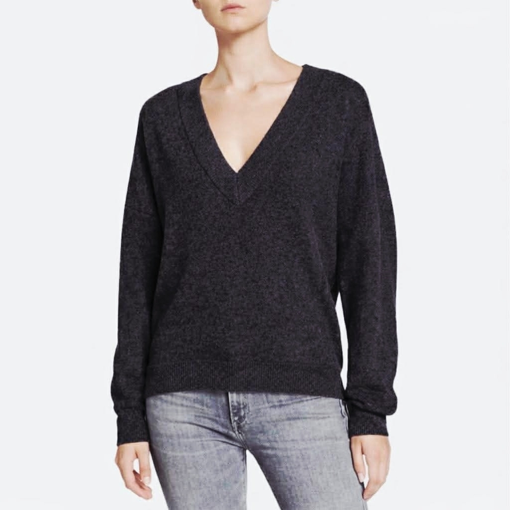 IRO ALVA Charcoal‎ Wool Camel Hair V-Neck Sweater Womens M Italy Slouchy Minimal
